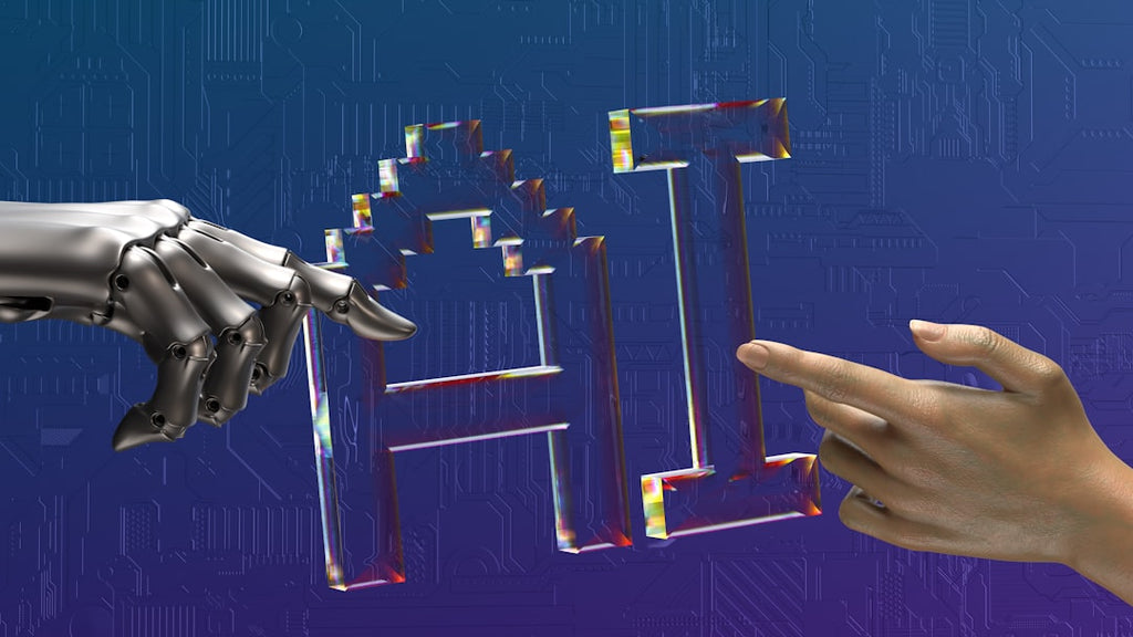 AI Art Rotation wallpaper pattern — base photo: two hands touching each other in front of a blue background