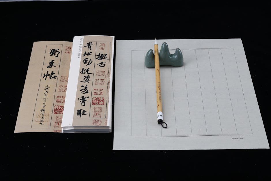 Seamless kaleidoscope wallpaper pattern — Calligraphy by wallpaper⁶ — base photo: Elegant setup of traditional Chinese calligraphy tools featuring brushes, paper, and a holder.