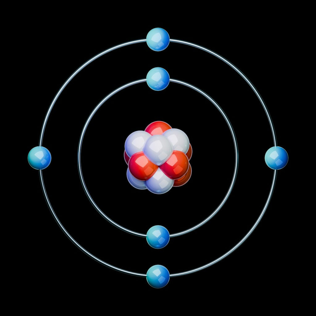 WALLPAPER⁶ — seamless kaleidoscope pattern from quantum physics visualization, Physics — base photo: A high-quality 3D render of a Carbon atom (C) of an atomic structure on a black background. Scientif