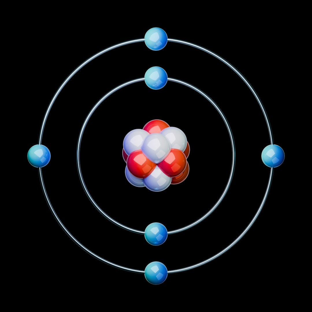 WALLPAPER⁶ — seamless kaleidoscope pattern from quantum physics visualization, Physics — base photo: A high-quality 3D render of a Carbon atom (C) of an atomic structure on a black background. Scientif