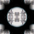 A symmetrical Mirror pattern of glowing purple and blue molecular structures and light paths on a dark background.