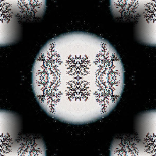 A symmetrical Mirror pattern of glowing purple and blue molecular structures and light paths on a dark background.