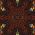 A seamless repeating pattern of red and green abstract floral elements arranged in a kaleidoscope design, high-quality 3D render.