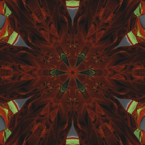 A seamless repeating pattern of red and green abstract floral elements arranged in a kaleidoscope design, high-quality 3D render.