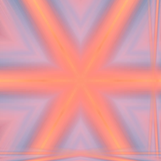 A symmetrical kaleidoscope pattern featuring radial bursts of red, orange, and gold colors with an intricate crystalline structure.
