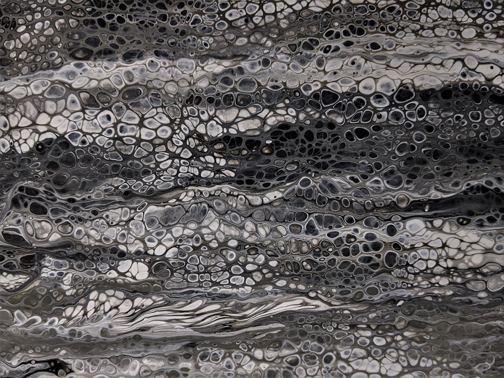Abstract Rothko-esque pattern of swirling black and white acrylic pour, resembling water bubbles, in a rotational repeat. — base photo: A high-contrast, black and white photograph capturing the delicate, ephemeral beauty of water bubble
