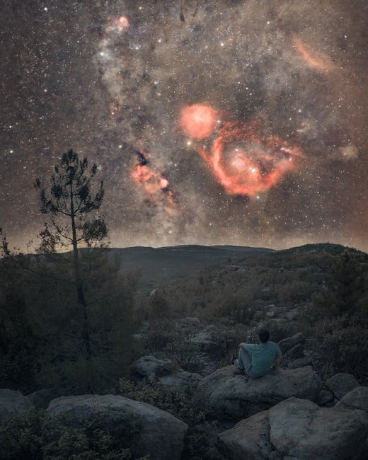 Seamless mirror wallpaper pattern — Astronomy by wallpaper⁶ — base photo: A person gazes at a vibrant nebula and stars in a serene outdoor setting.