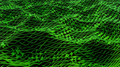 3D Brick wallpaper pattern — base photo: Conceptual green abstract surface with intricate wavy textures and geometric pattern.