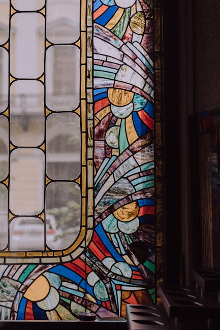 Seamless diamond wallpaper pattern — Stained Glass by wallpaper⁶ — base photo: Vibrant and intricate stained glass window design in a catholic church interior.