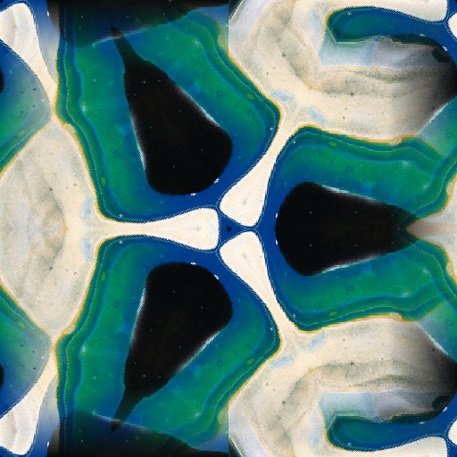 Close-up of abstract blue and white marbled acrylic pour pattern in a hex repeat for wallpaper.