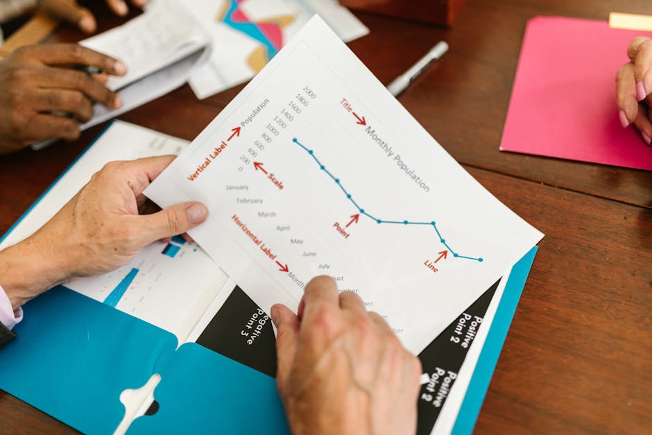 Hands examining a business report with a population and timeline chart, featuring a hexagonal data visualization pattern. — base photo: Close-up view of hands carefully examining a business report, with a clear population and timeline c