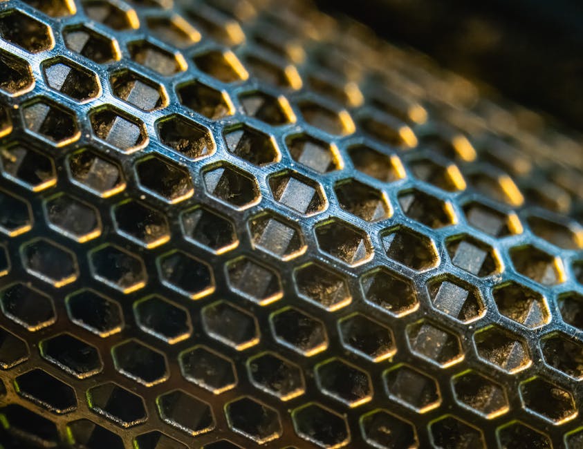 Algorithms Hexagon wallpaper pattern — base photo: Detailed macro shot of a hexagonal honeycomb metal mesh texture, highlighting intricate patterns.