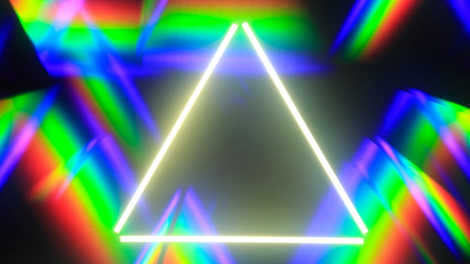Seamless diamond wallpaper pattern — Glitch by wallpaper⁶ — base photo: Triangle with white glowing neon illumination on black background with creative multicolored spectru