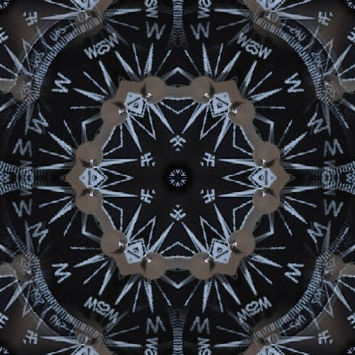 A seamless kaleidoscope pattern featuring repeating brass compasses and topological map lines in shades of gold and parchment.