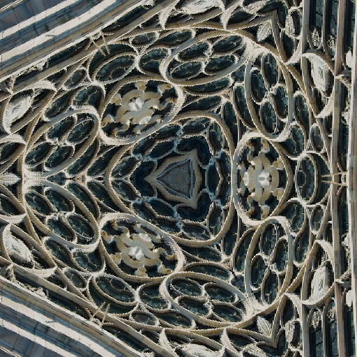 A repeating hexagonal pattern of Gothic rose window segments in red and gold stained glass with stone accents.