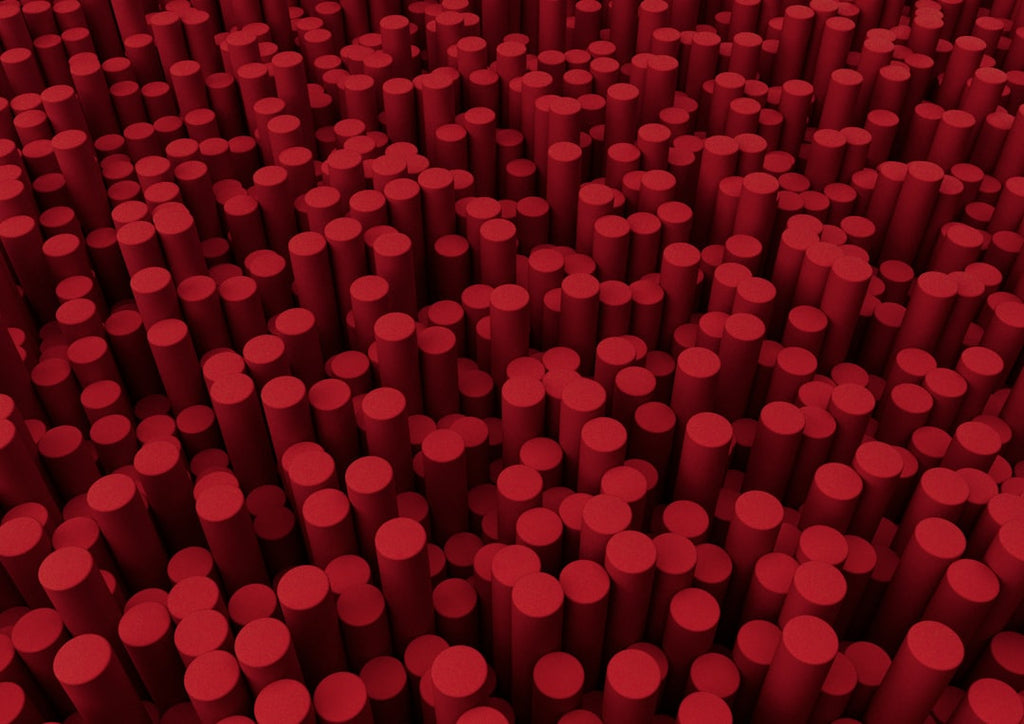 A 3D isometric pattern of interconnected crimson red tubes arranged in a kaleidoscope formation, suitable for self-adhesive wallpaper. — base photo: A high-resolution 3D render showcasing a dense network of smooth, crimson-red tubes. The tubes are a