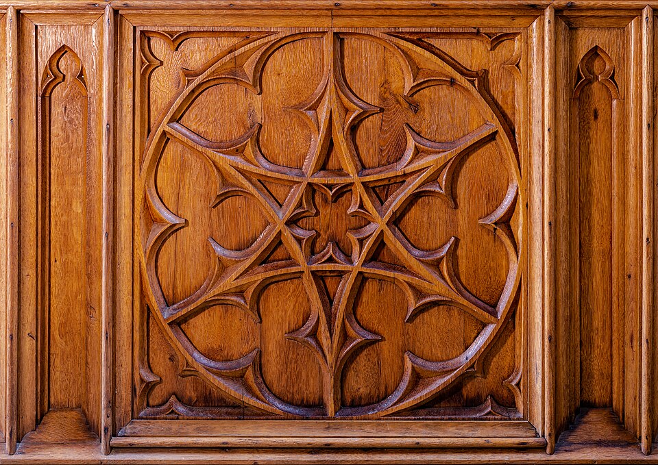 Seamless kaleidoscope wallpaper pattern — Geometry by wallpaper⁶ — base photo: Front of a church bench at the Holy Cross chapel in Dülmen, North Rhine-Westphalia, Germany – The Ro