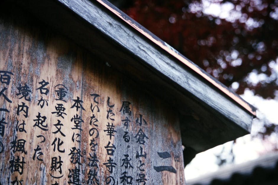 Seamless mirror wallpaper pattern — Calligraphy by wallpaper⁶ — base photo: A close-up of a weathered wooden sign featuring Japanese kanji characters, adds cultural depth.