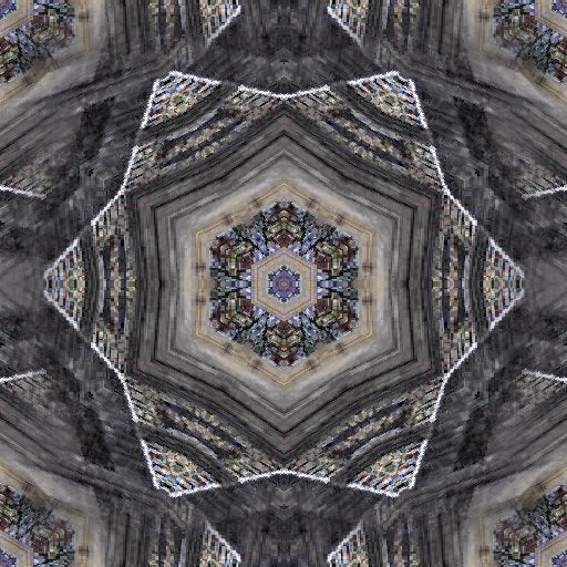 Kaleidoscope pattern of vibrant geometric shapes and colors, reminiscent of light through a cathedral stained glass window.
