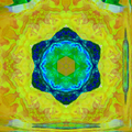 A seamless kaleidoscope pattern of swirling blue and yellow paint textures with intricate radial symmetry.