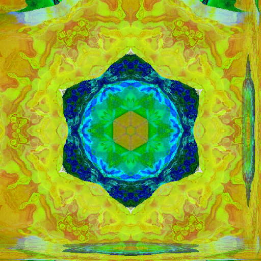 A seamless kaleidoscope pattern of swirling blue and yellow paint textures with intricate radial symmetry.