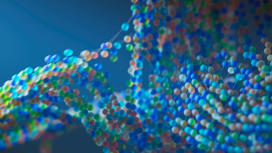 3D Brick wallpaper pattern — base photo: Colorful abstract representation of a molecular structure with interconnected spheres.