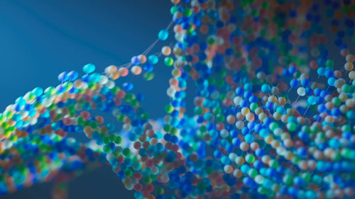 3D Brick wallpaper pattern — base photo: Colorful abstract representation of a molecular structure with interconnected spheres.