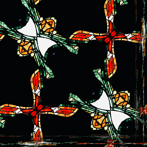 A repeating diamond pattern featuring dark silhouettes against vibrant stained glass colors in a rhythmic, geometric layout.