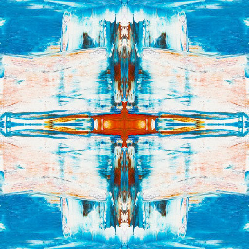 A symmetrical Mirror pattern of abstract blue and orange geometric shapes with vertical reflections and sharp edges.
