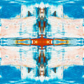 A symmetrical Mirror pattern of abstract blue and orange geometric shapes with vertical reflections and sharp edges.