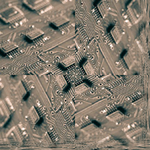 A close-up view of AI Transformer self-adhesive wallpaper with a four-fold rotational symmetry, inspired by microchip circuits.
