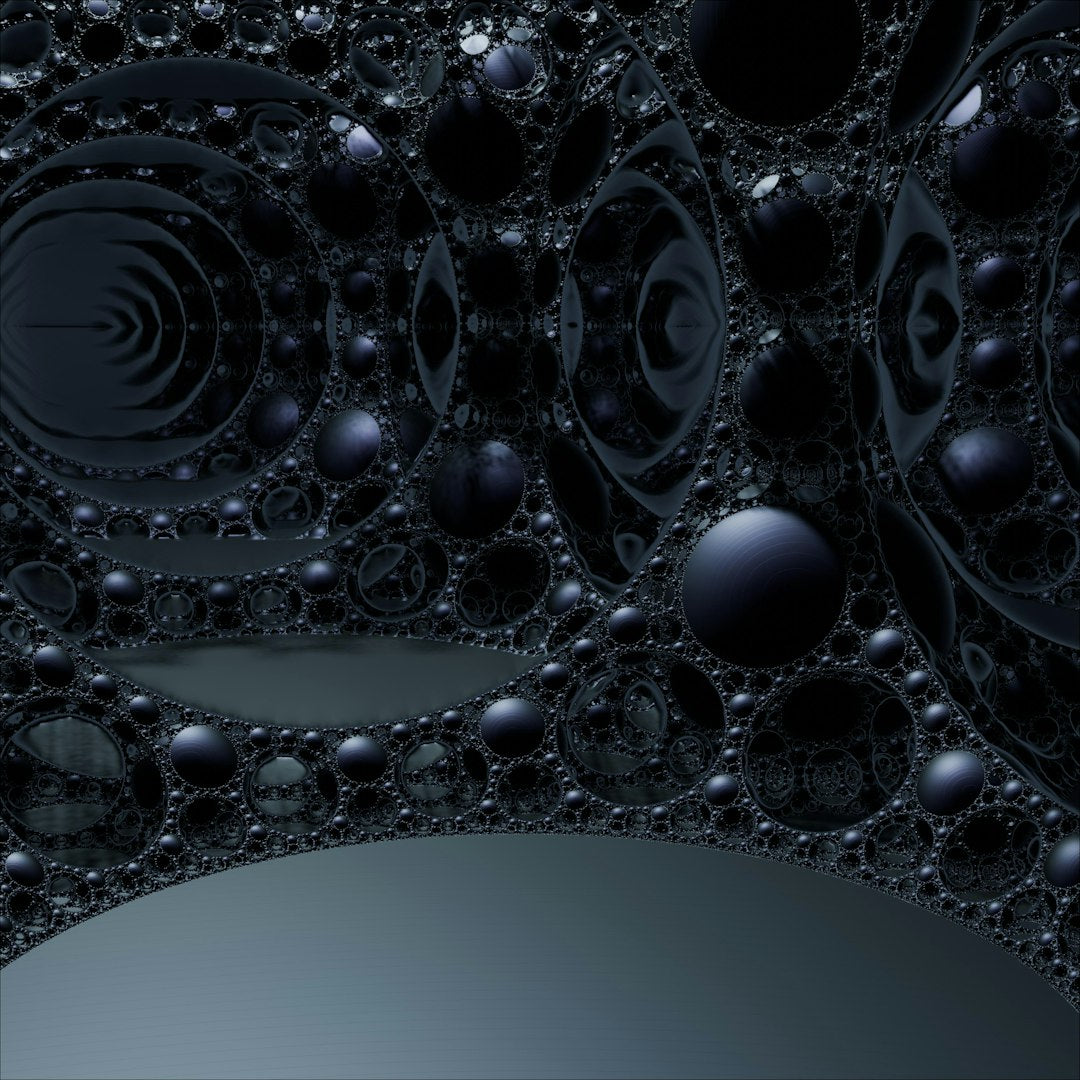 A seamless mirror symmetry pattern of glossy black spheres with white highlights in a structured algebraic grid. — base photo: A high-resolution digital rendering by Shawn Day featuring a cluster of glossy, dark spheres floatin