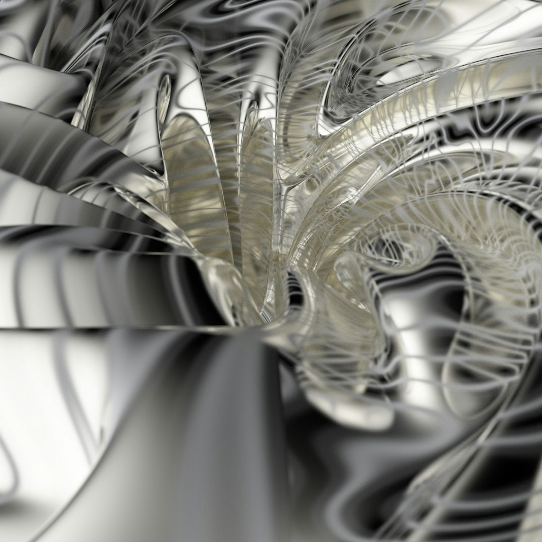 A seamless wave pattern featuring metallic-style twisted surfaces and rhythmic mathematical curves in a grey and white palette. — base photo: A sophisticated computer-generated visualization by Rick Rothenberg, showcasing a metallic-sheen spi
