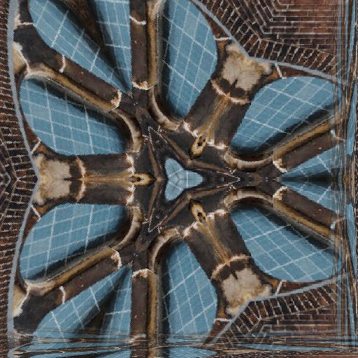 Geometric Hex pattern resembling a cathedral rose window with intricate stained glass details and vibrant jewel tones.