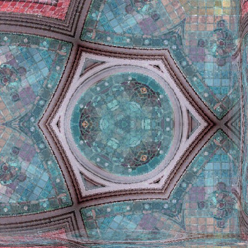 Close-up detail of stained glass window sections arranged in a repeating hexagonal pattern with dark leaded outlines.