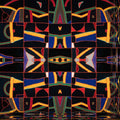 A symmetrical abstract pattern in gold and black with mirrored fluid textures, part of the wallpaper⁶ collection.