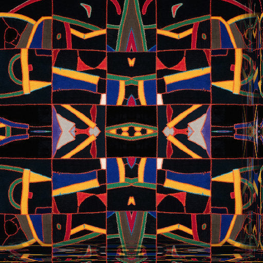 A symmetrical abstract pattern in gold and black with mirrored fluid textures, part of the wallpaper⁶ collection.