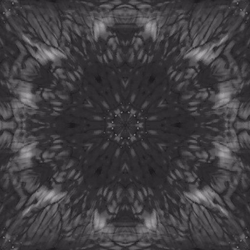 Abstract kaleidoscope pattern created from swirling inks in milk, with organic shapes reflected infinitely.