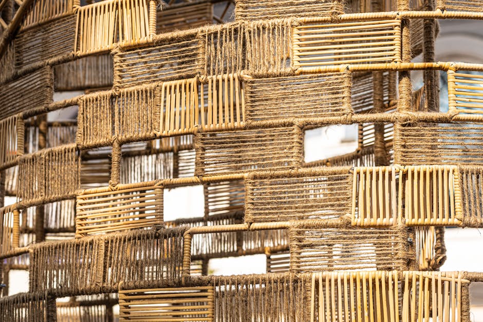 Seamless kaleidoscope wallpaper pattern — Origami by wallpaper⁶ — base photo: Detailed view of a handcrafted bamboo and jute weaving structure showcasing traditional craftsmanshi