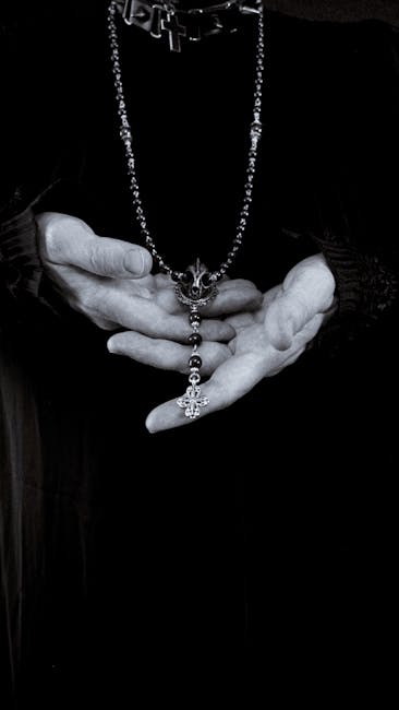 Seamless hex wallpaper pattern — Medicine by wallpaper⁶ — base photo: Black and white photo of hands elegantly holding a rosary with a cross pendant, exuding a spiritual 