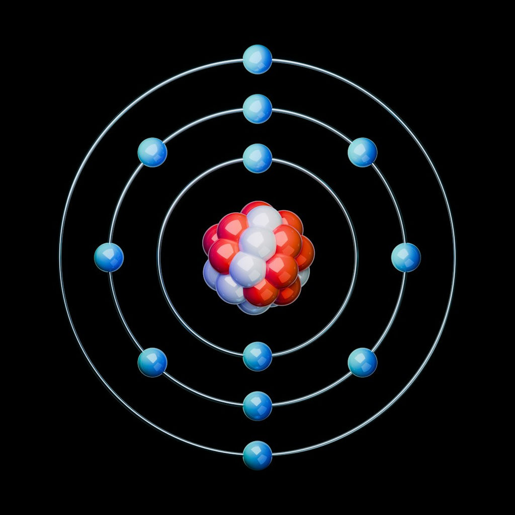 WALLPAPER⁶ — seamless hex pattern from molecular orbital, Molecular Physics — base photo: A high-quality 3D render of a Magnesium atom (Mg) of an atomic structure on a black background. Scie