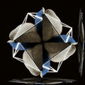 An isometric 3D pattern of citrus-colored geometric blocks arranged in a four-way rotation symmetry.