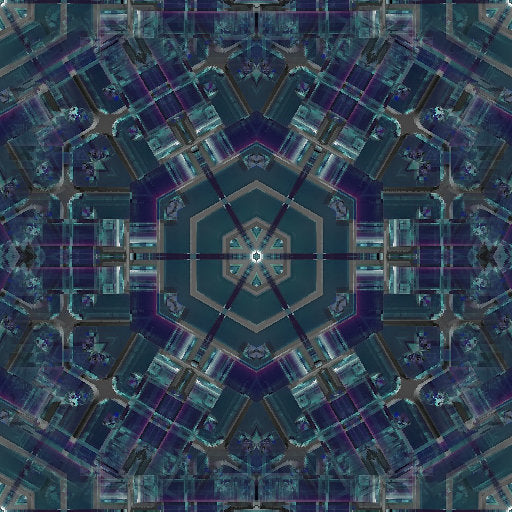 A seamless kaleidoscopic pattern of dark blue and black squares forming a complex geometric stained glass arrangement.