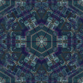 A seamless kaleidoscopic pattern of dark blue and black squares forming a complex geometric stained glass arrangement.