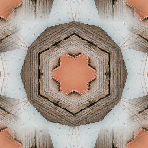 A radial kaleidoscopic pattern made from vintage brown maps and nautical charts, forming a geometric star-like symmetry.