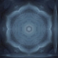 A complex radial kaleidoscope pattern in shades of deep blue and bright teal with symmetrical geometric floral motifs.