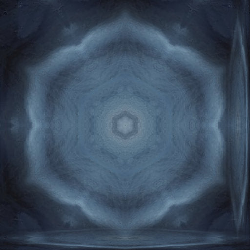 A complex radial kaleidoscope pattern in shades of deep blue and bright teal with symmetrical geometric floral motifs.