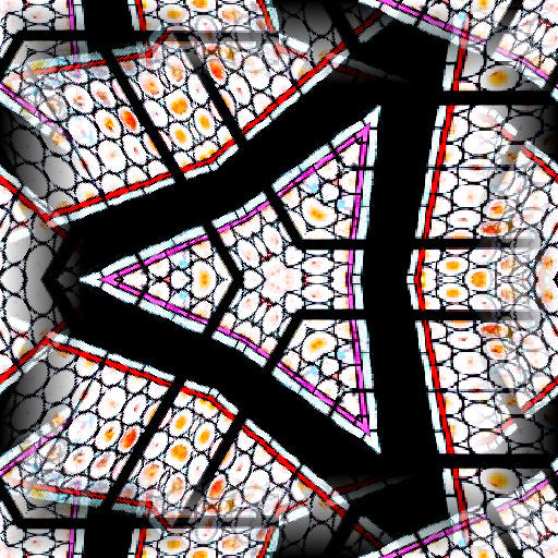 A close-up of intricate hexagonal stained glass patterns in vibrant colors, captured from a low angle.