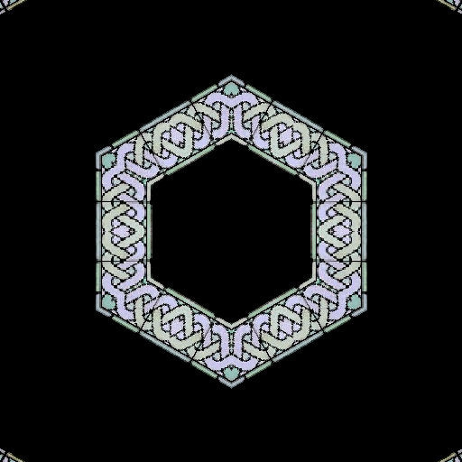 A seamless pattern resembling stained glass arranged in a kaleidoscope formation from four distinct geometric panels with intricate textures against a black background.