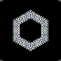A seamless pattern resembling stained glass arranged in a kaleidoscope formation from four distinct geometric panels with intricate textures against a black background.